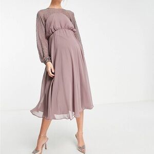ASOS DESIGN Maternity midi dress with linear yoke embellishment in mauve